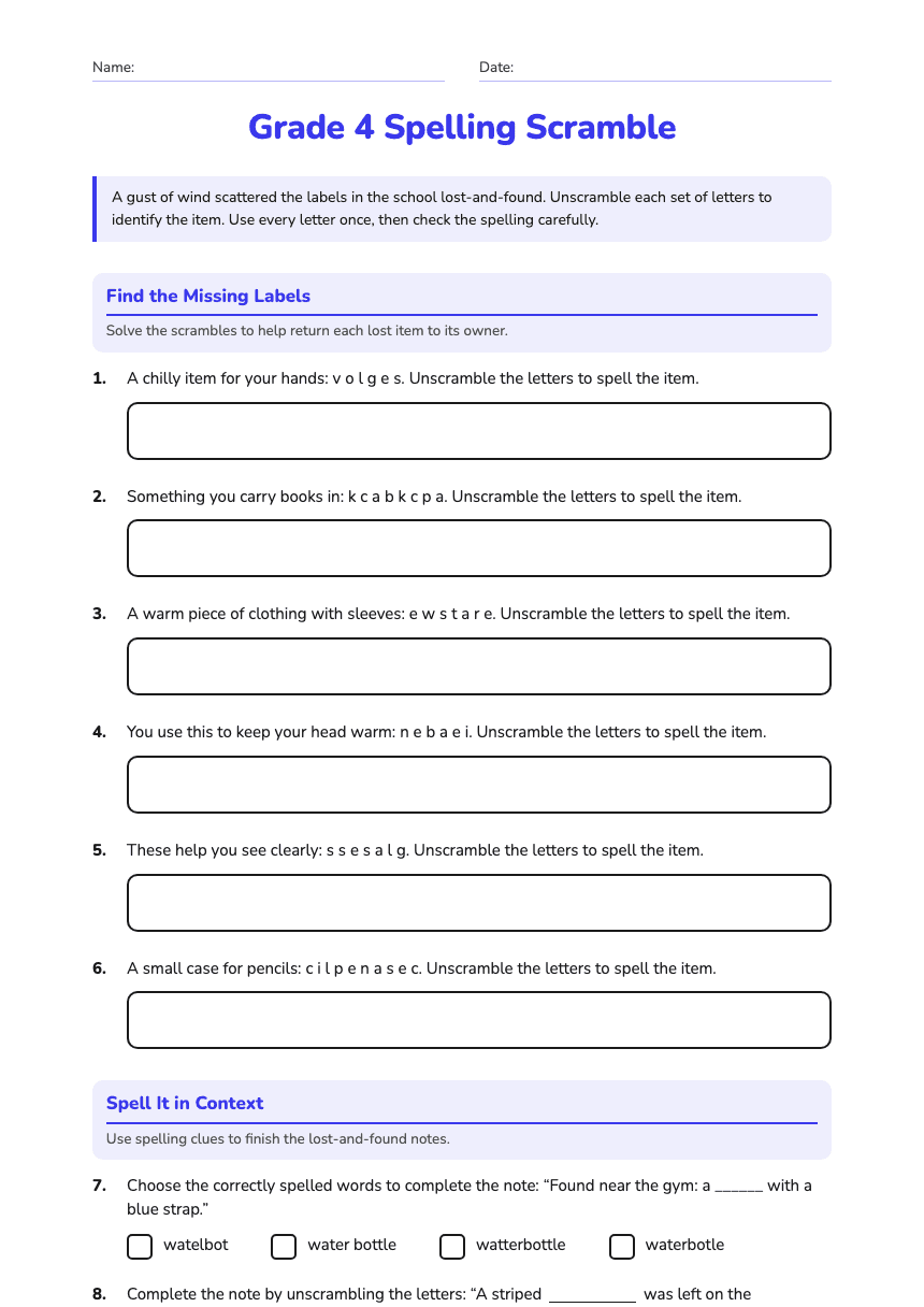 Grade 4 Spelling Scramble worksheet preview