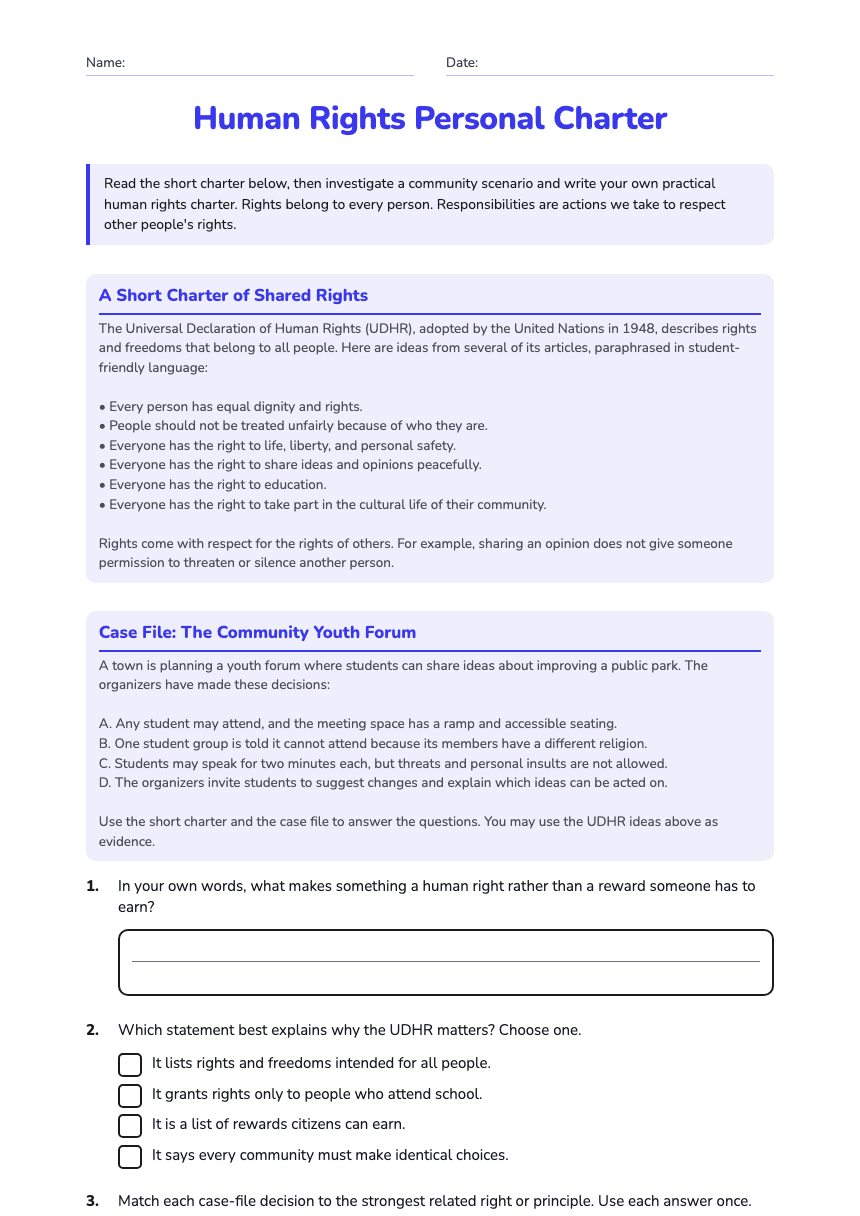 Human Rights Personal Charter worksheet preview