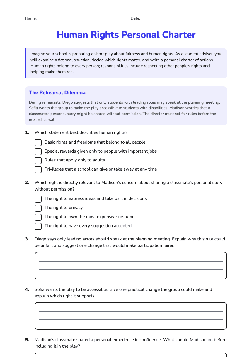 Human Rights Personal Charter worksheet preview