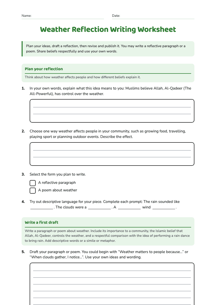 Weather Reflection Writing Worksheet worksheet preview