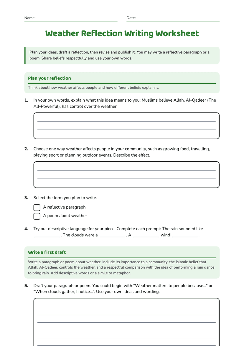 Weather Reflection Writing Worksheet