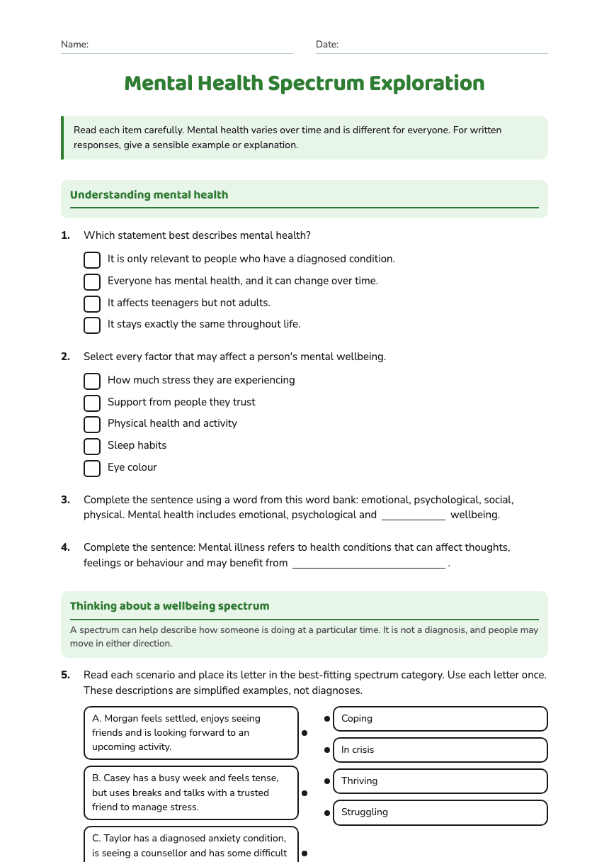 Mental Health Spectrum Exploration worksheet preview
