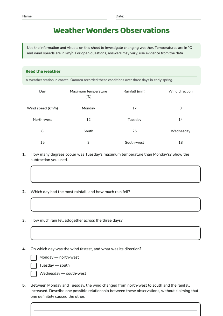 Weather Wonders Observations worksheet preview