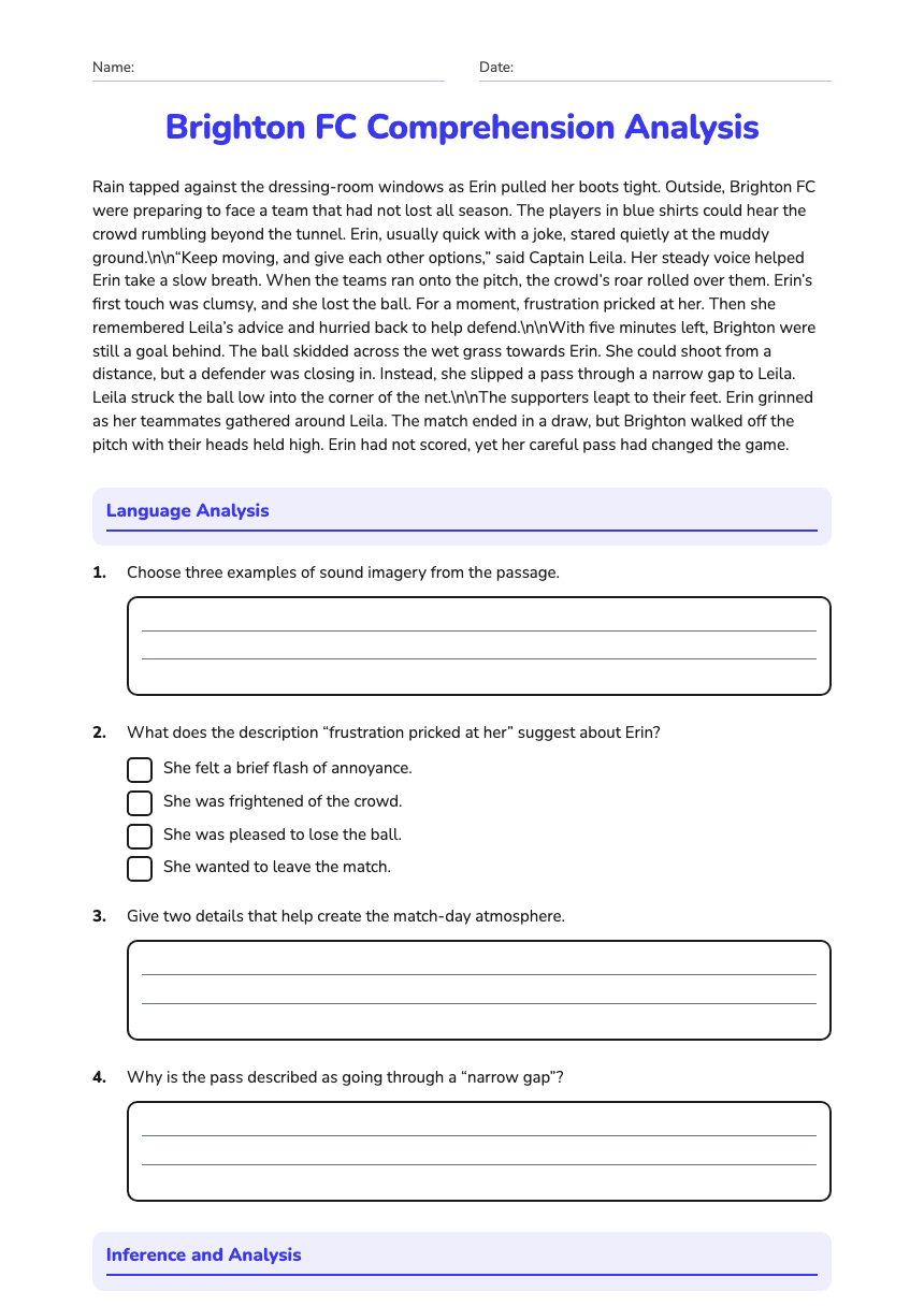 Brighton FC Comprehension Analysis worksheet preview