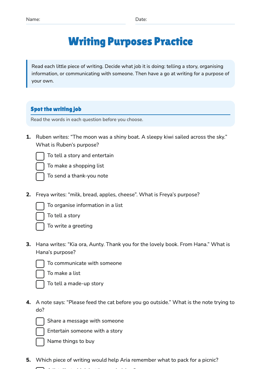 Writing Purposes Practice worksheet preview