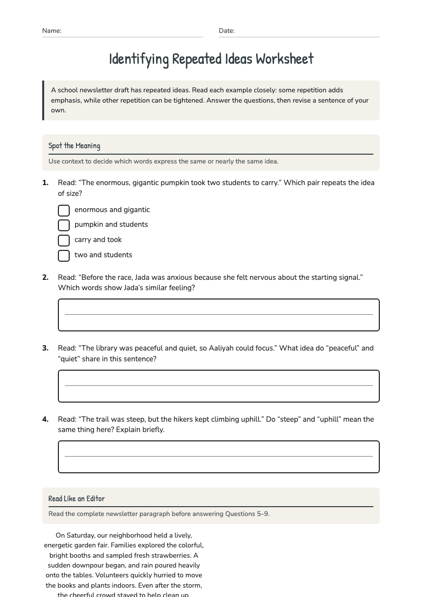 Identifying Repeated Ideas Worksheet worksheet preview