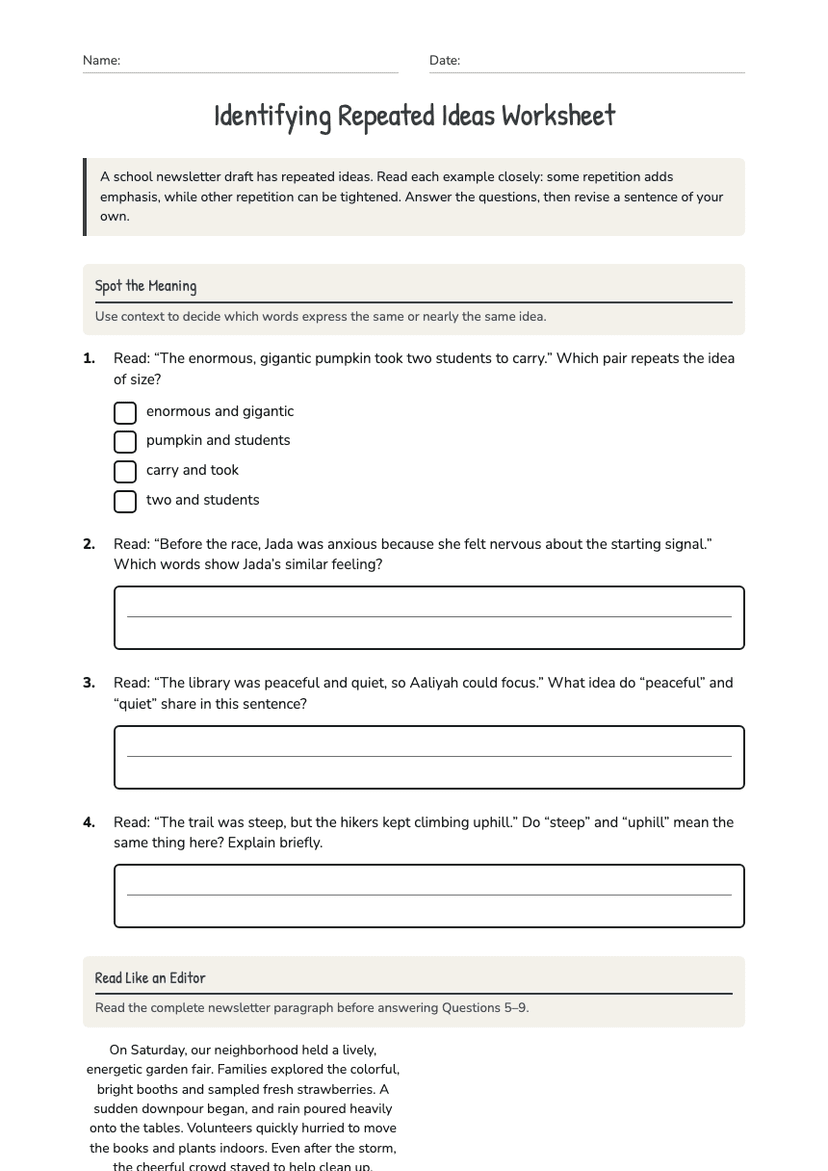 Identifying Repeated Ideas Worksheet