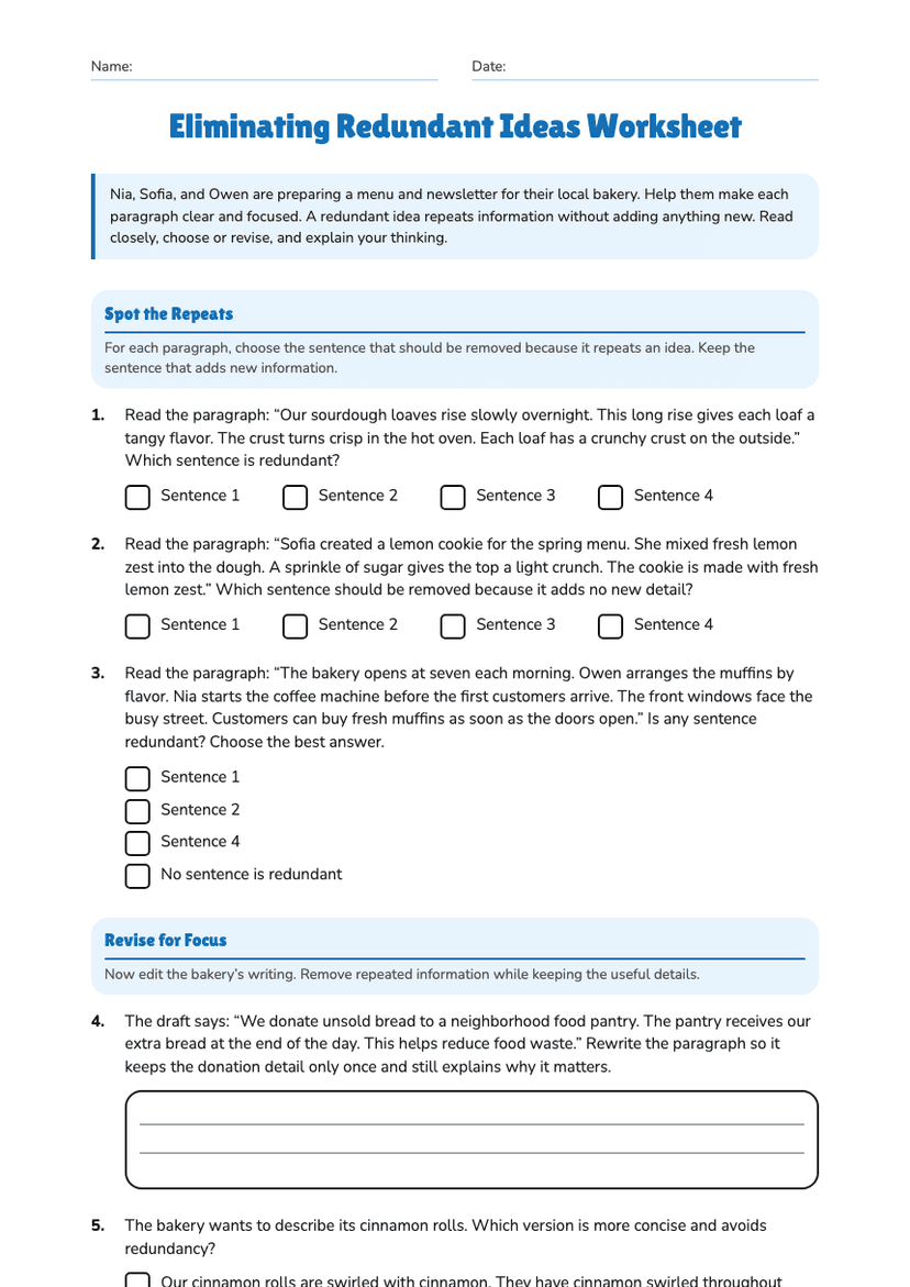 Eliminating Redundant Ideas Worksheet