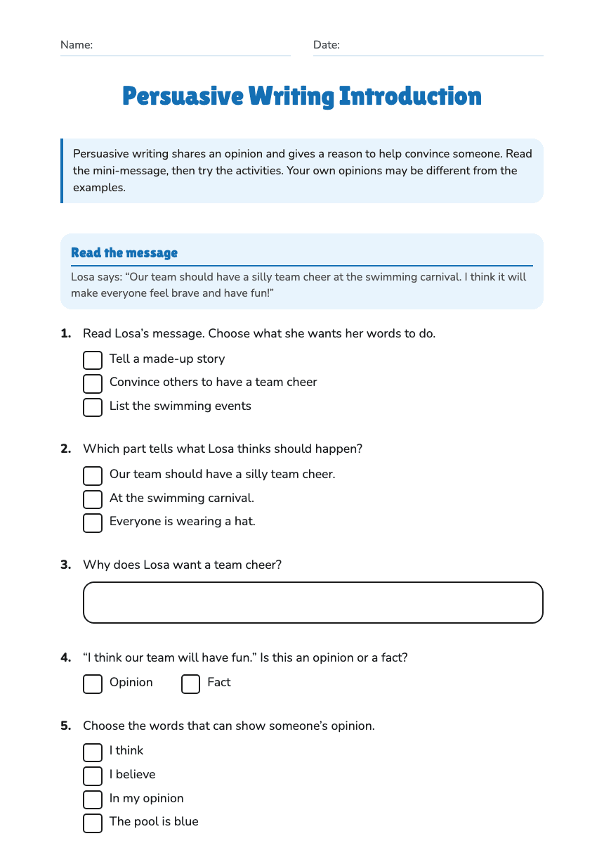 Persuasive Writing Introduction worksheet preview