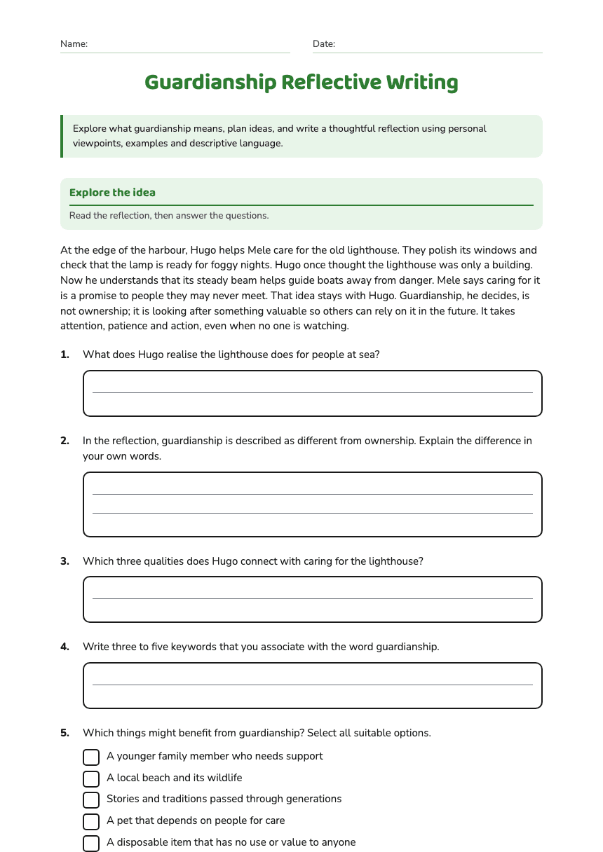 Guardianship Reflective Writing worksheet preview
