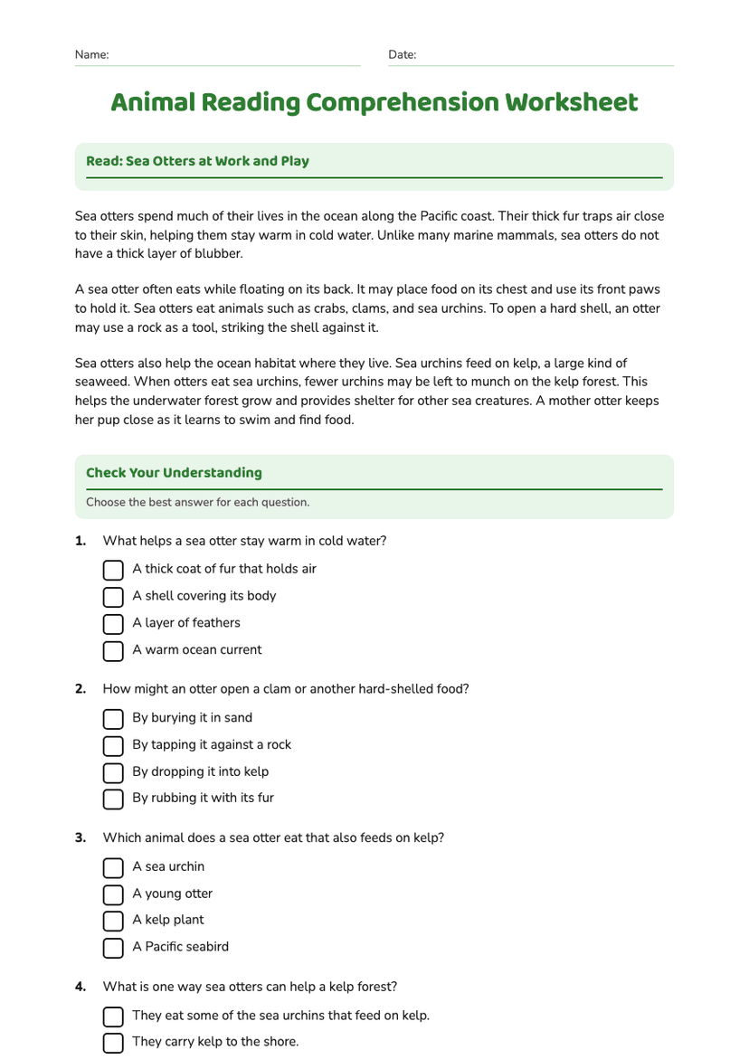 Animal Reading Comprehension Worksheet