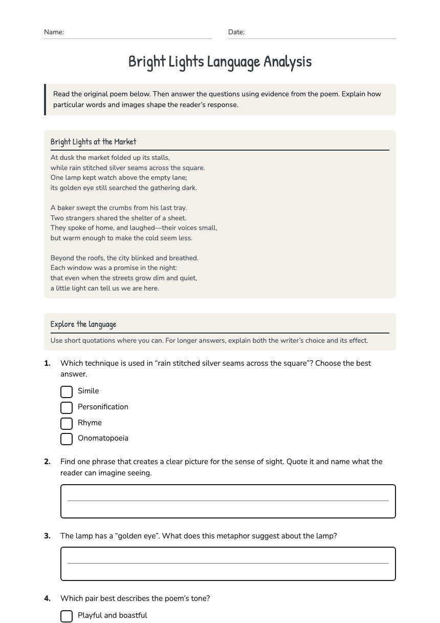 Bright Lights Language Analysis worksheet preview