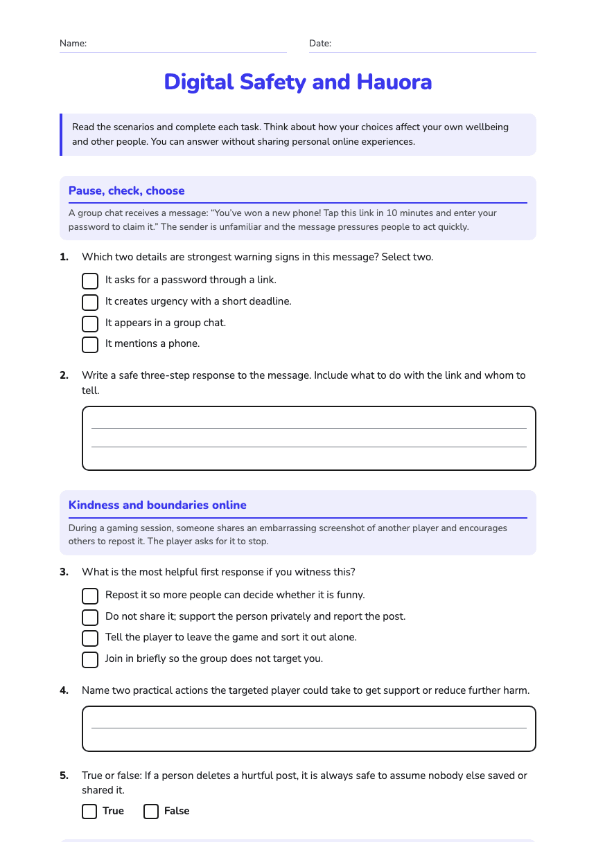 Digital Safety and Hauora worksheet preview