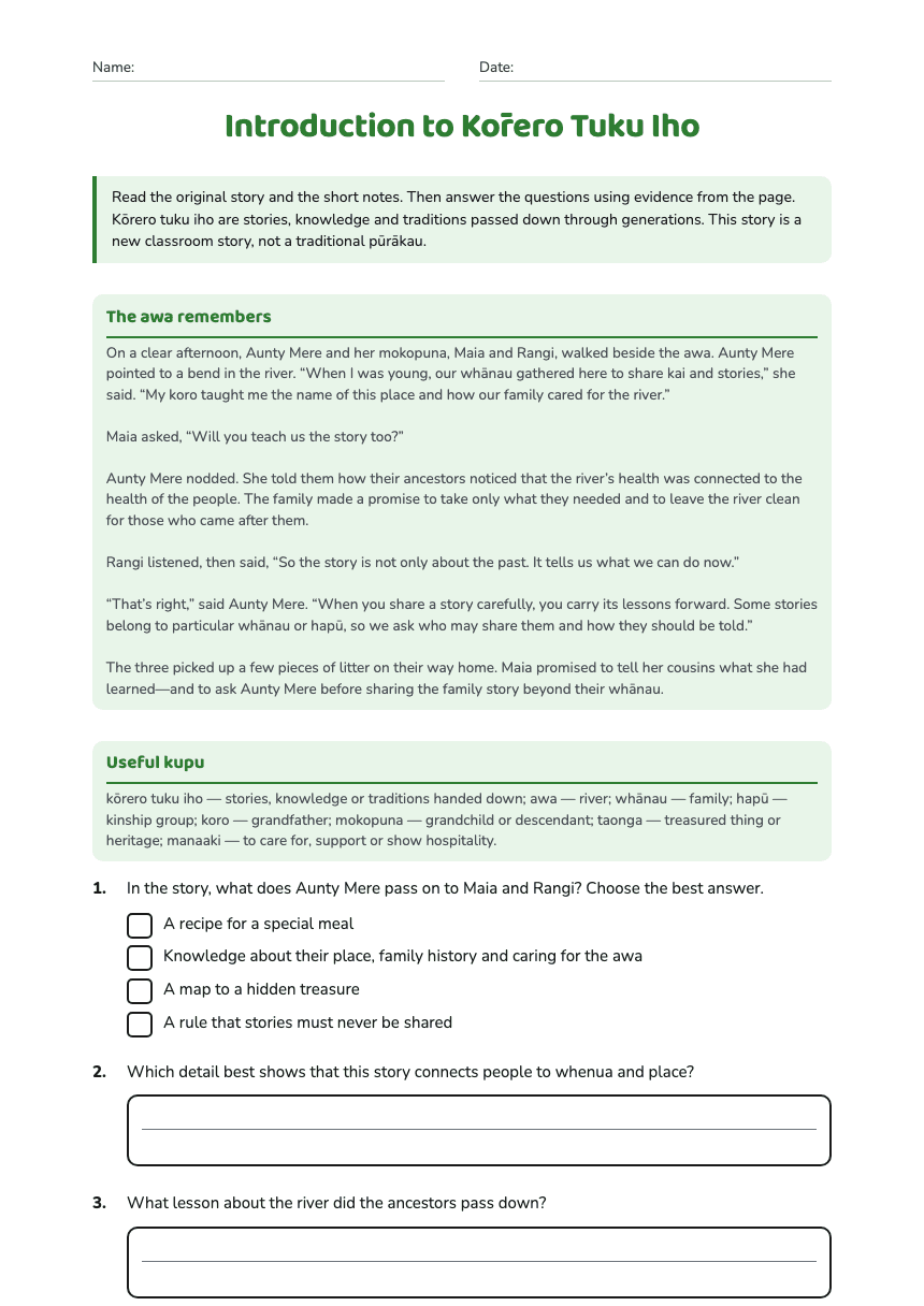 Introduction to Kōrero Tuku Iho worksheet preview