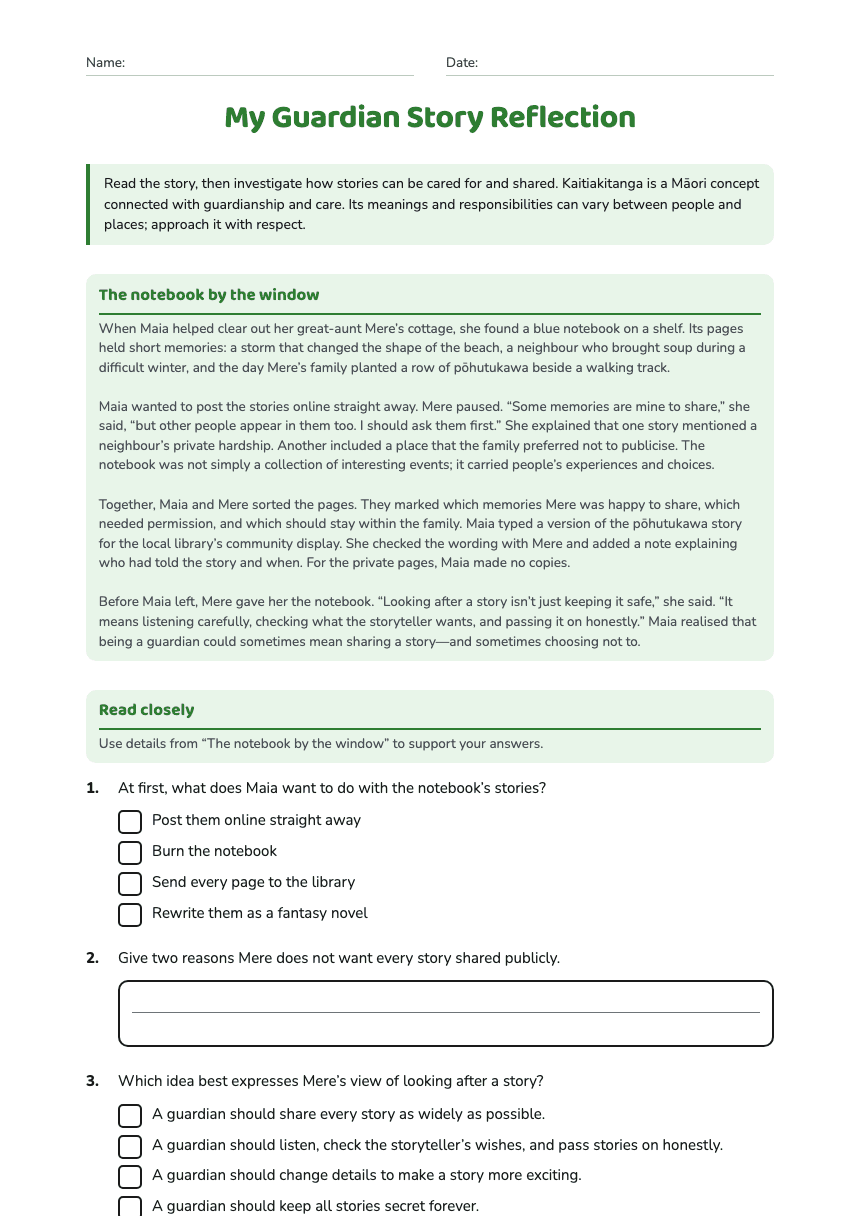 My Guardian Story Reflection worksheet preview