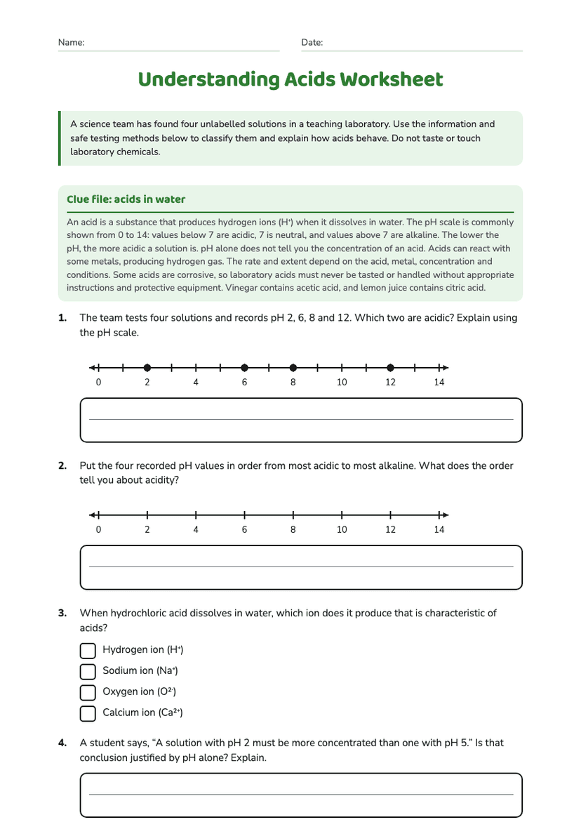 Understanding Acids Worksheet