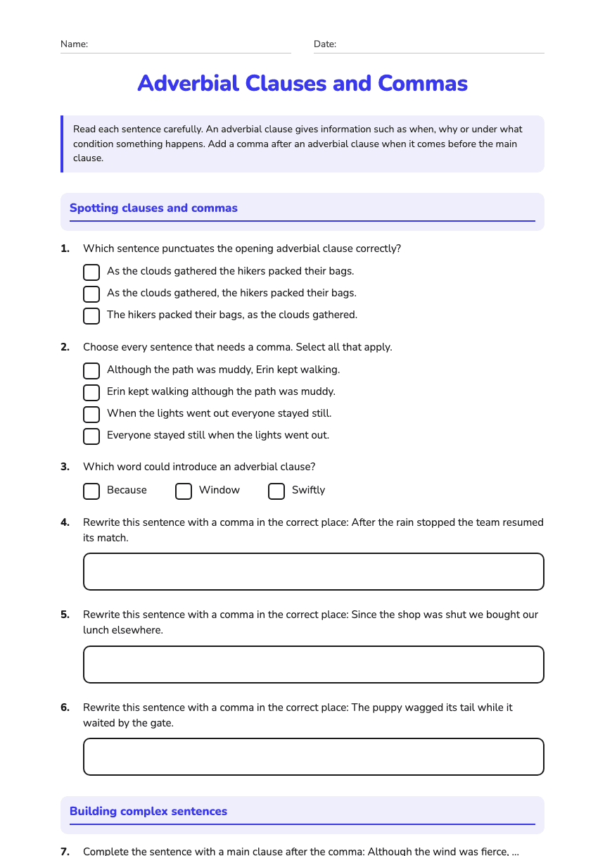 Adverbial Clauses and Commas worksheet preview