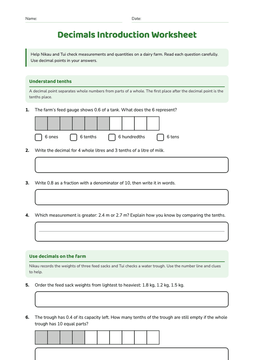 Decimals Introduction Worksheet