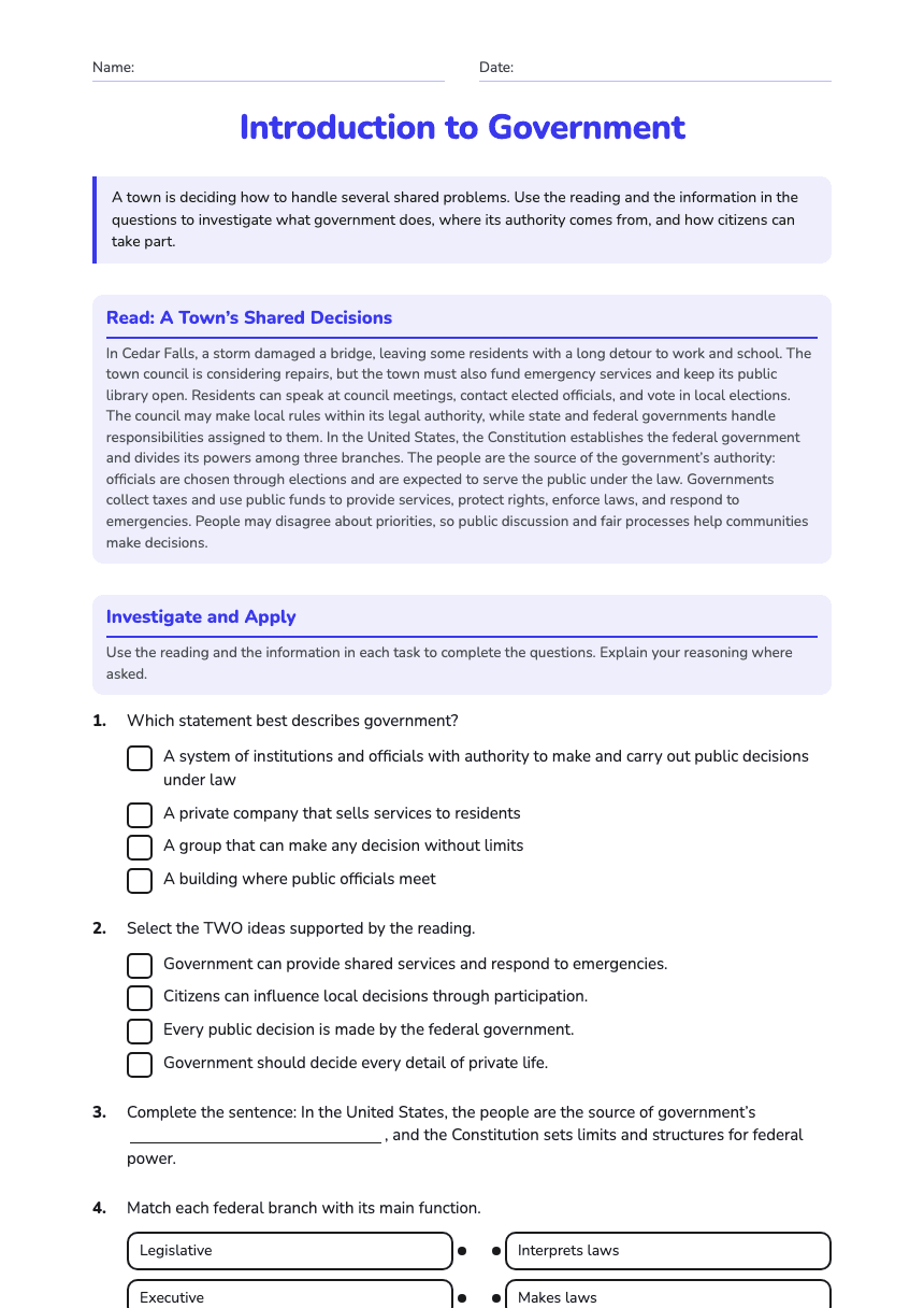 Introduction to Government worksheet preview