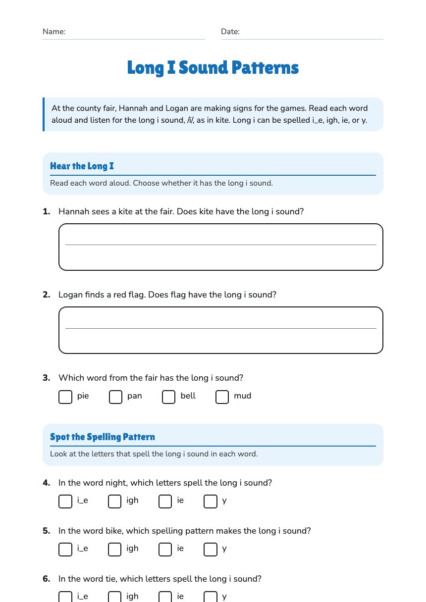Long I Sound Patterns worksheet preview