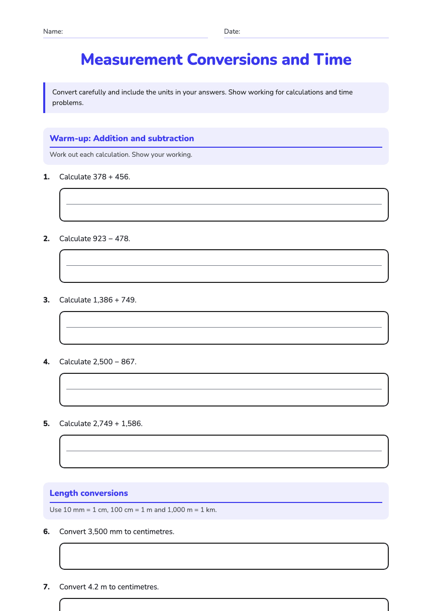 Measurement Conversions and Time worksheet preview