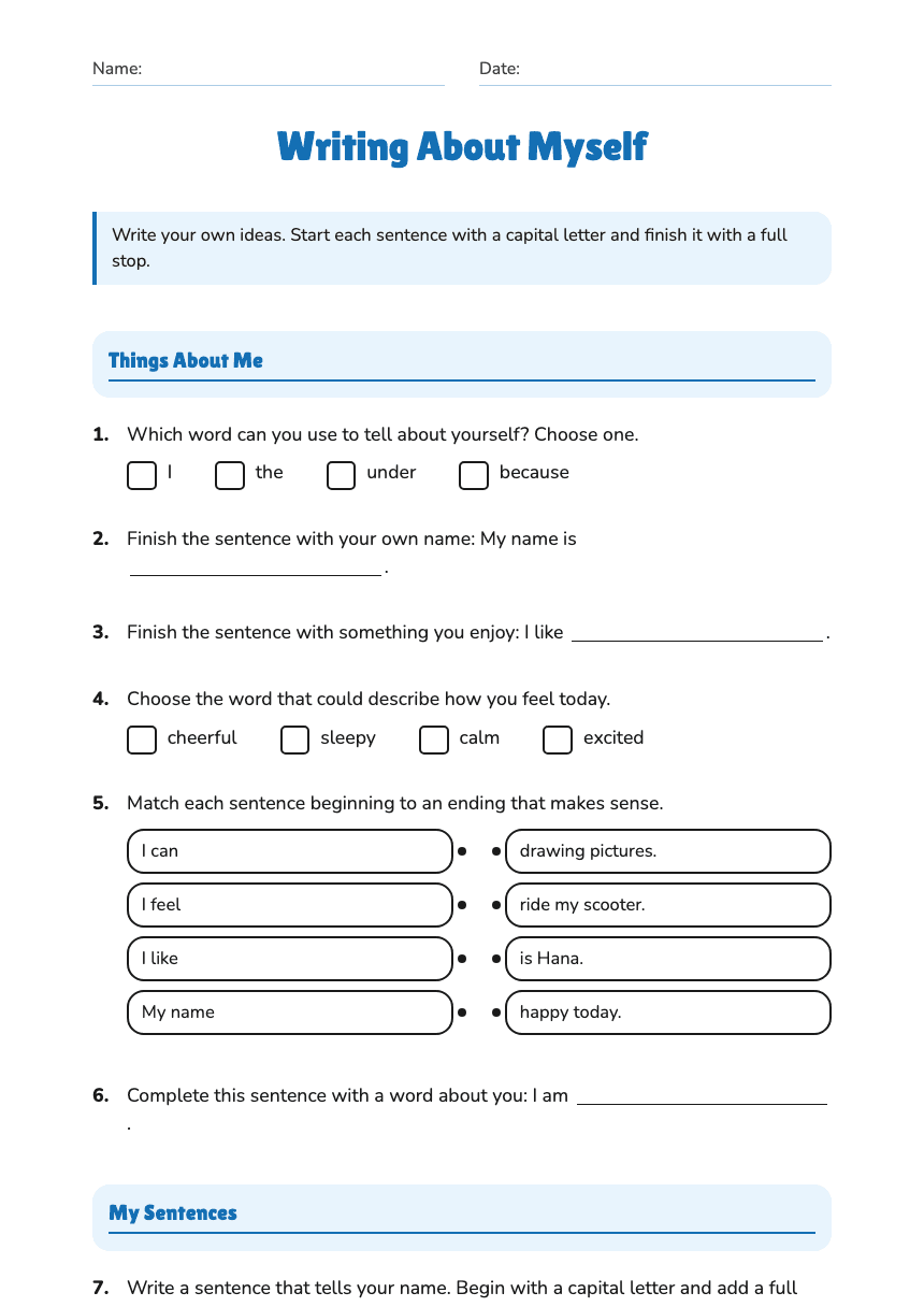 Writing About Myself worksheet preview