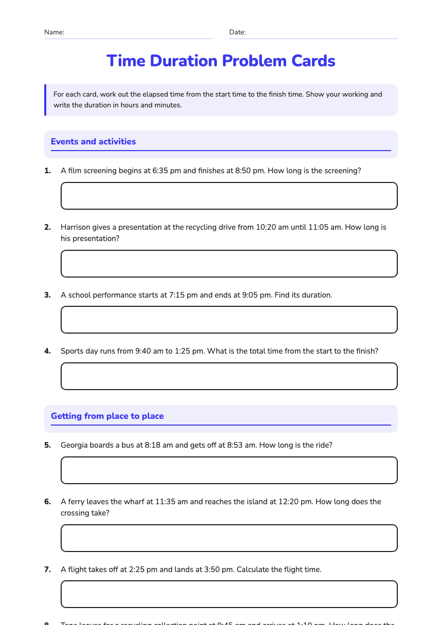 Time Duration Problem Cards worksheet preview