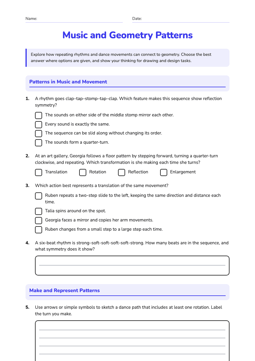 Music and Geometry Patterns worksheet preview