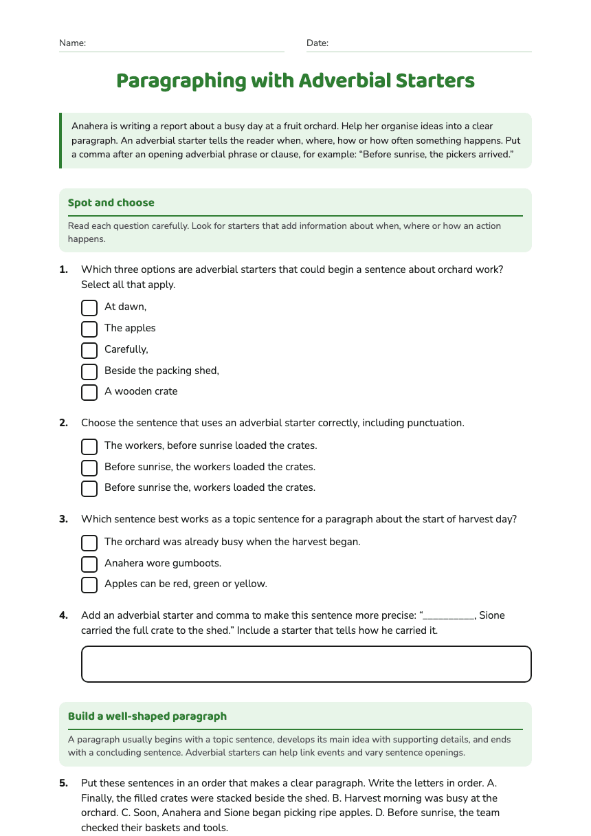 Paragraphing with Adverbial Starters worksheet preview