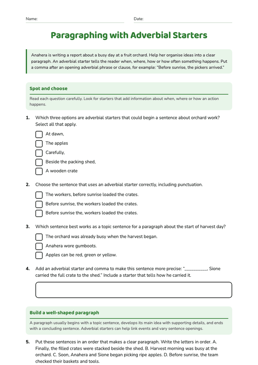 Paragraphing with Adverbial Starters