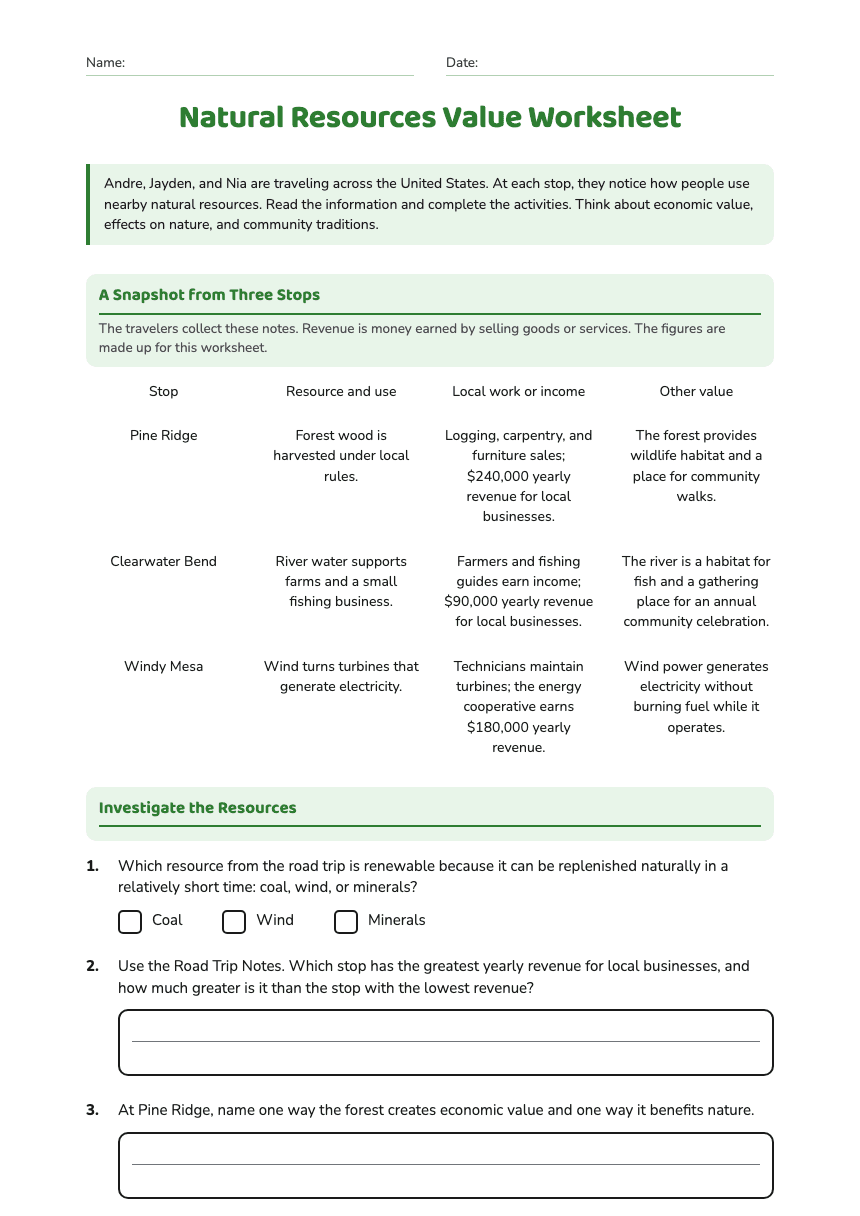 Natural Resources Value Worksheet worksheet preview