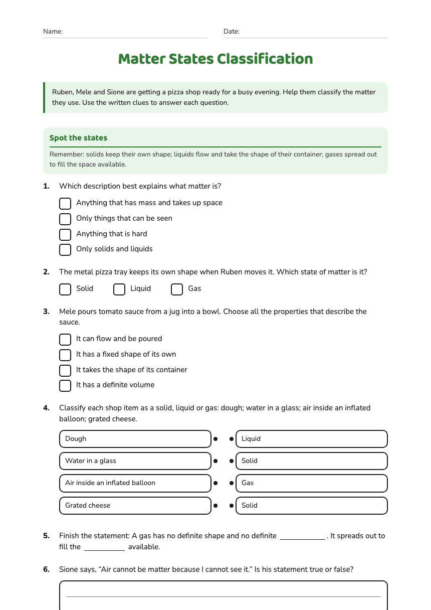 Matter States Classification worksheet preview