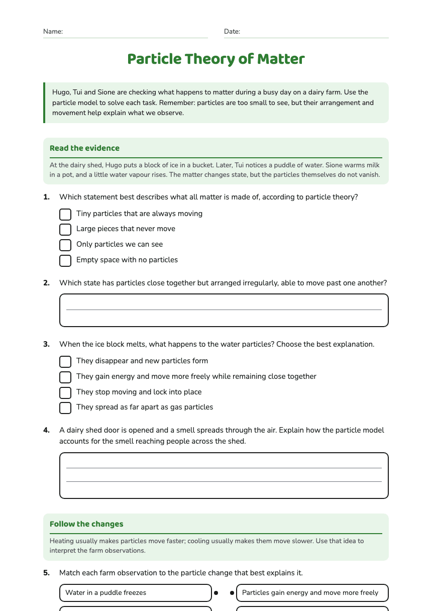 Particle Theory of Matter worksheet preview
