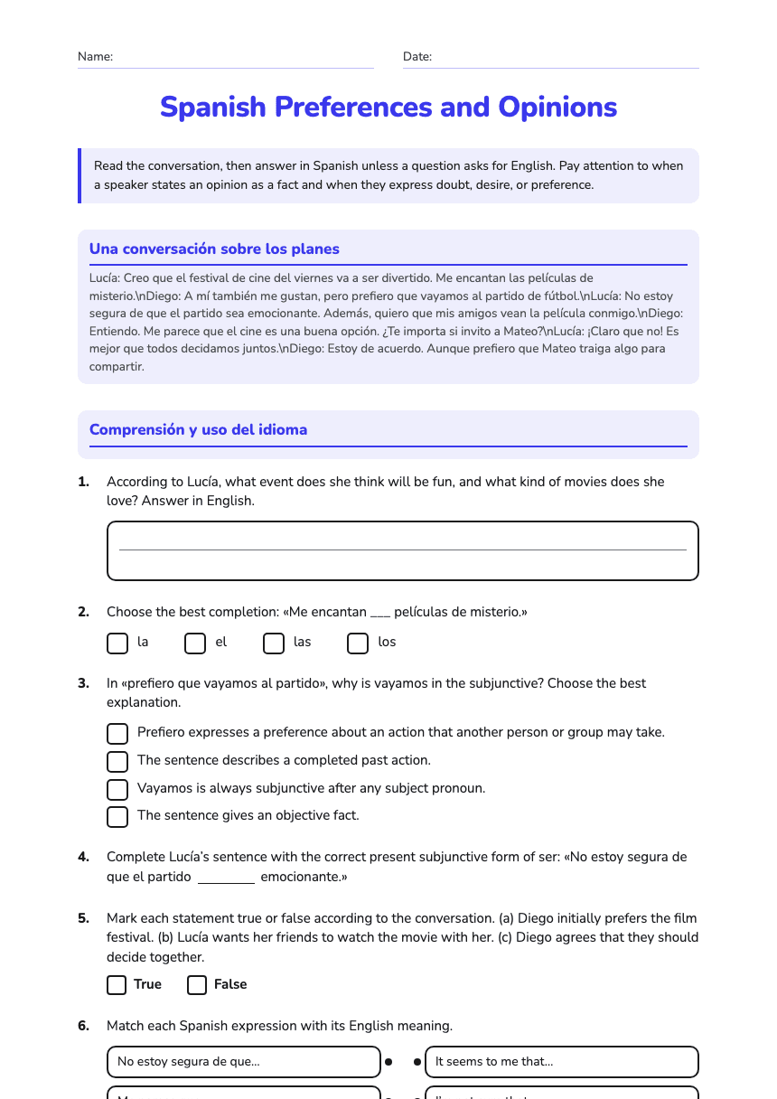 Spanish Preferences and Opinions worksheet preview