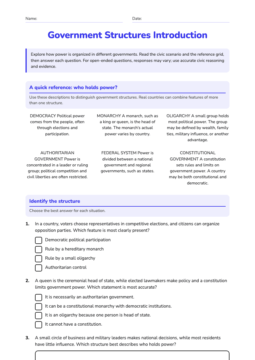 Government Structures Introduction worksheet preview