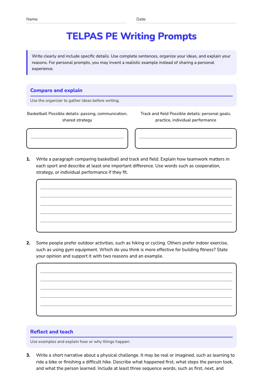TELPAS PE Writing Prompts worksheet preview