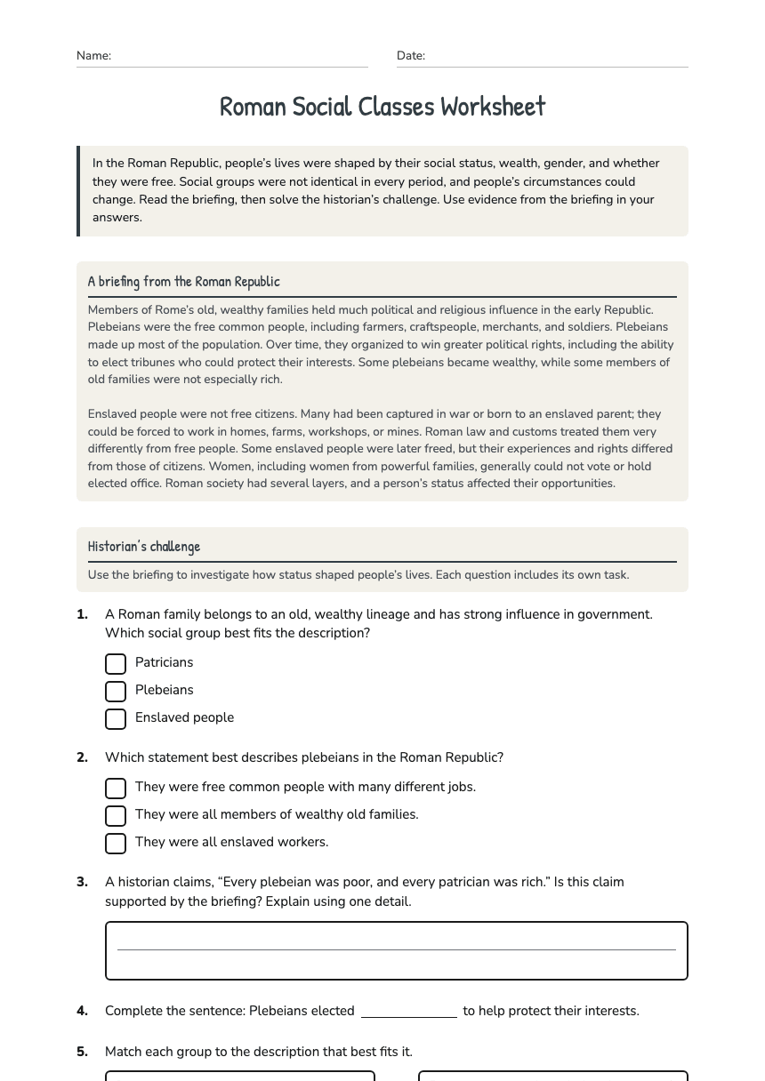 Roman Social Classes Worksheet worksheet preview