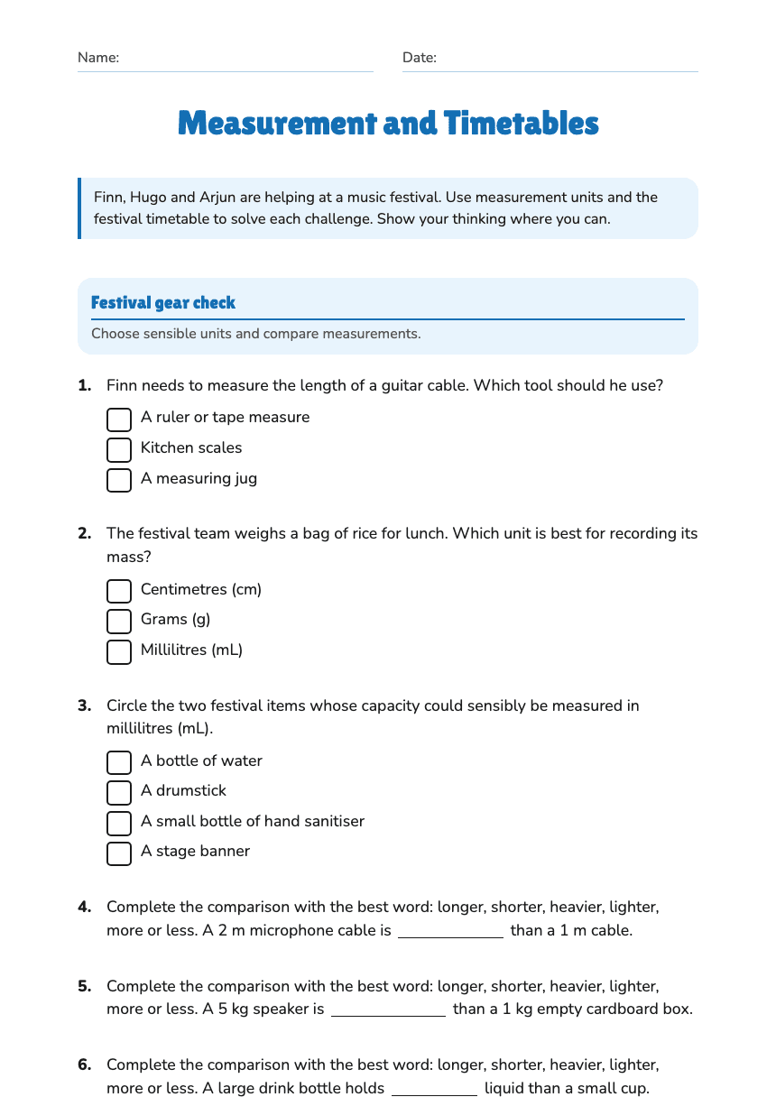 Measurement and Timetables worksheet preview