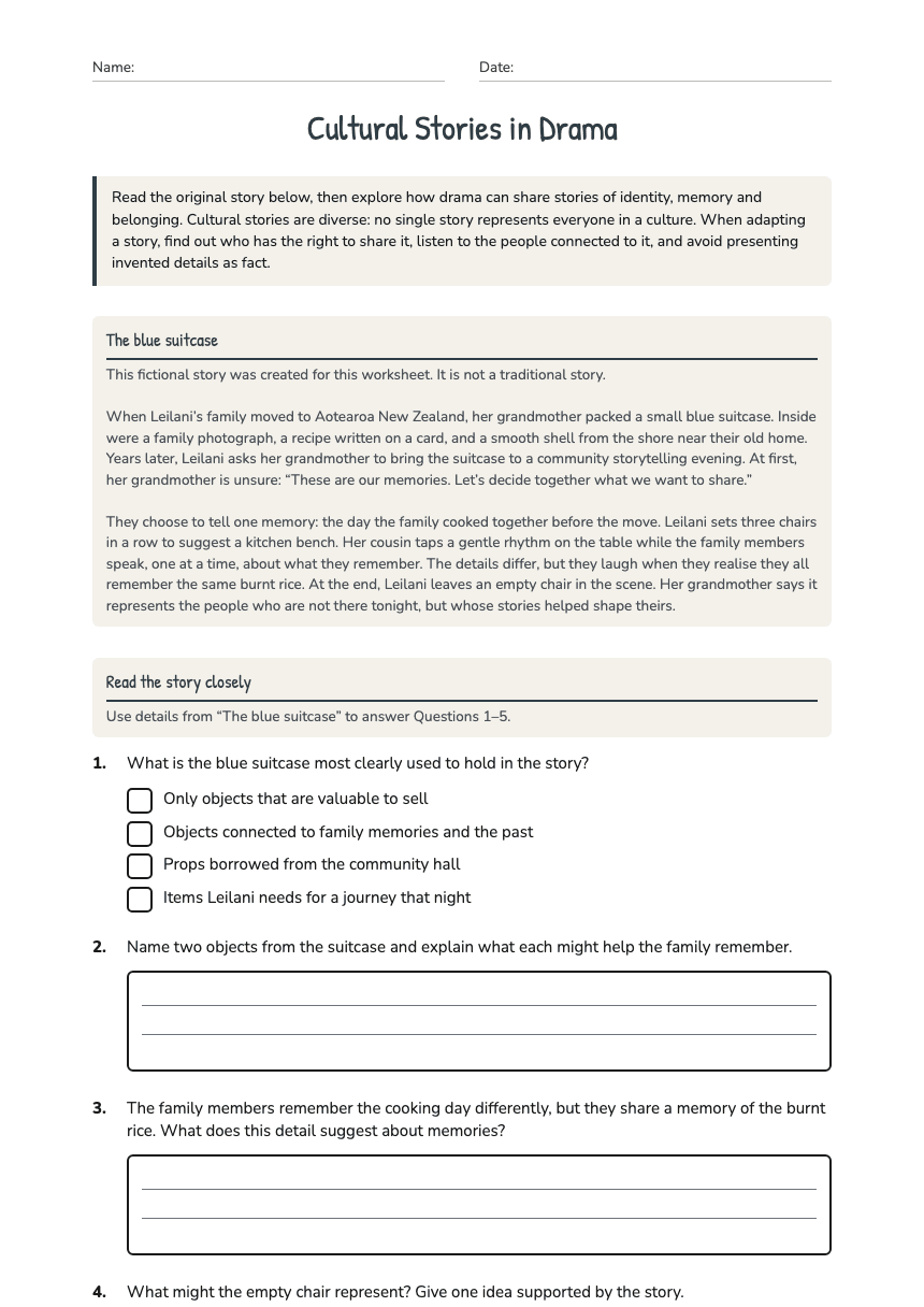 Cultural Stories in Drama worksheet preview