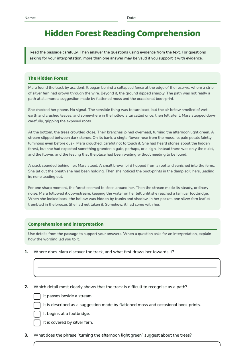 Hidden Forest Reading Comprehension worksheet preview