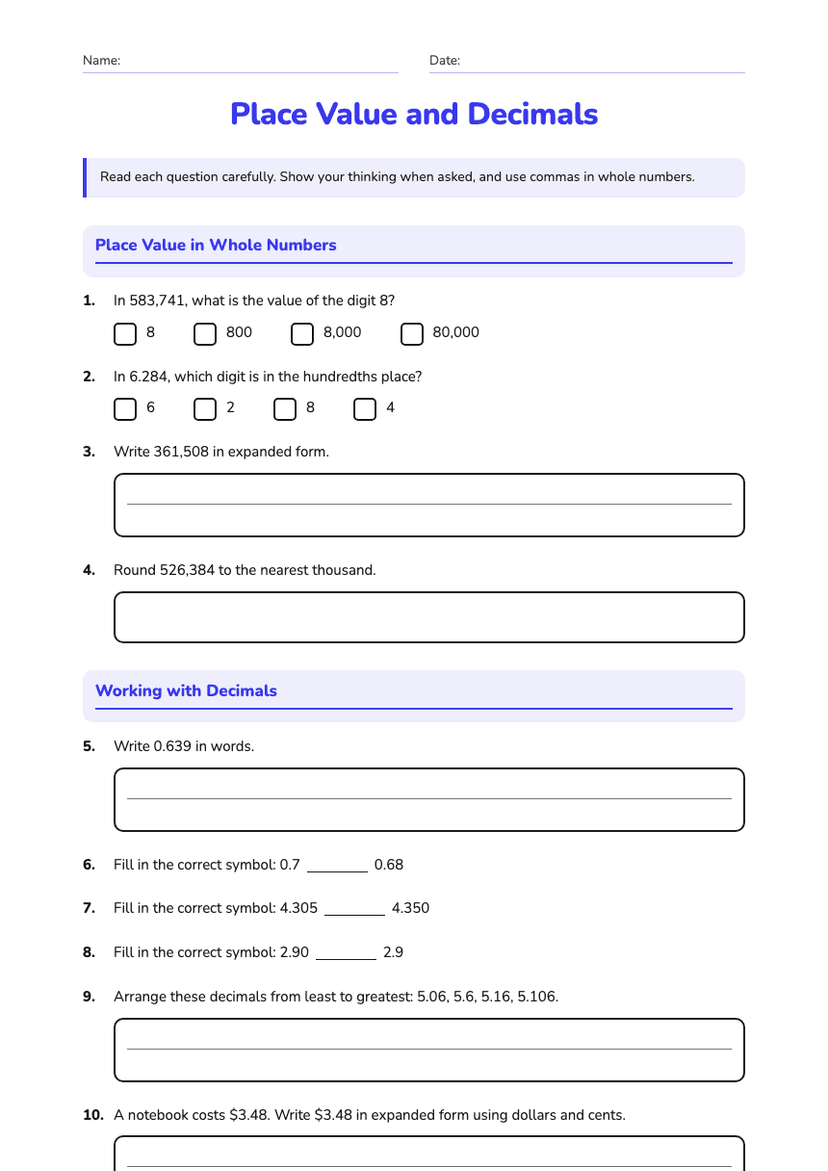 Place Value and Decimals