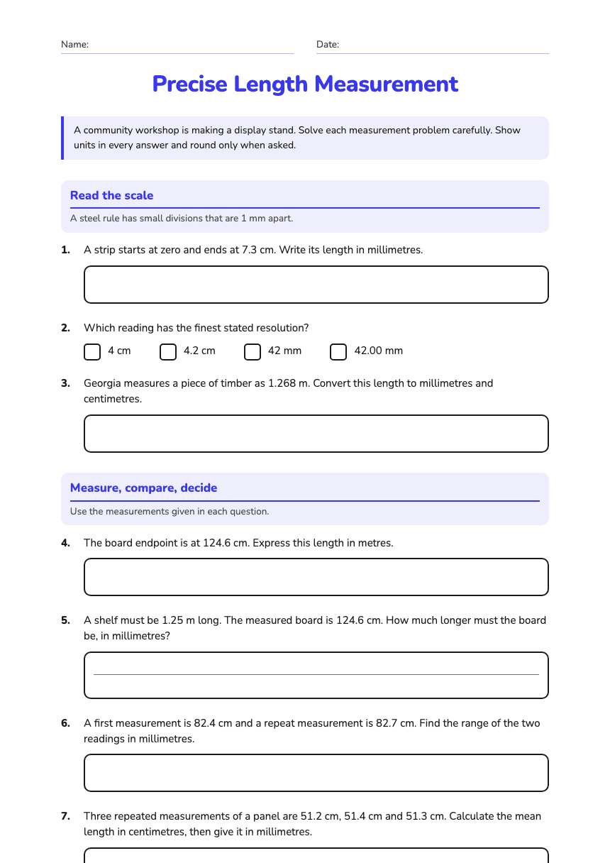 Precise Length Measurement worksheet preview