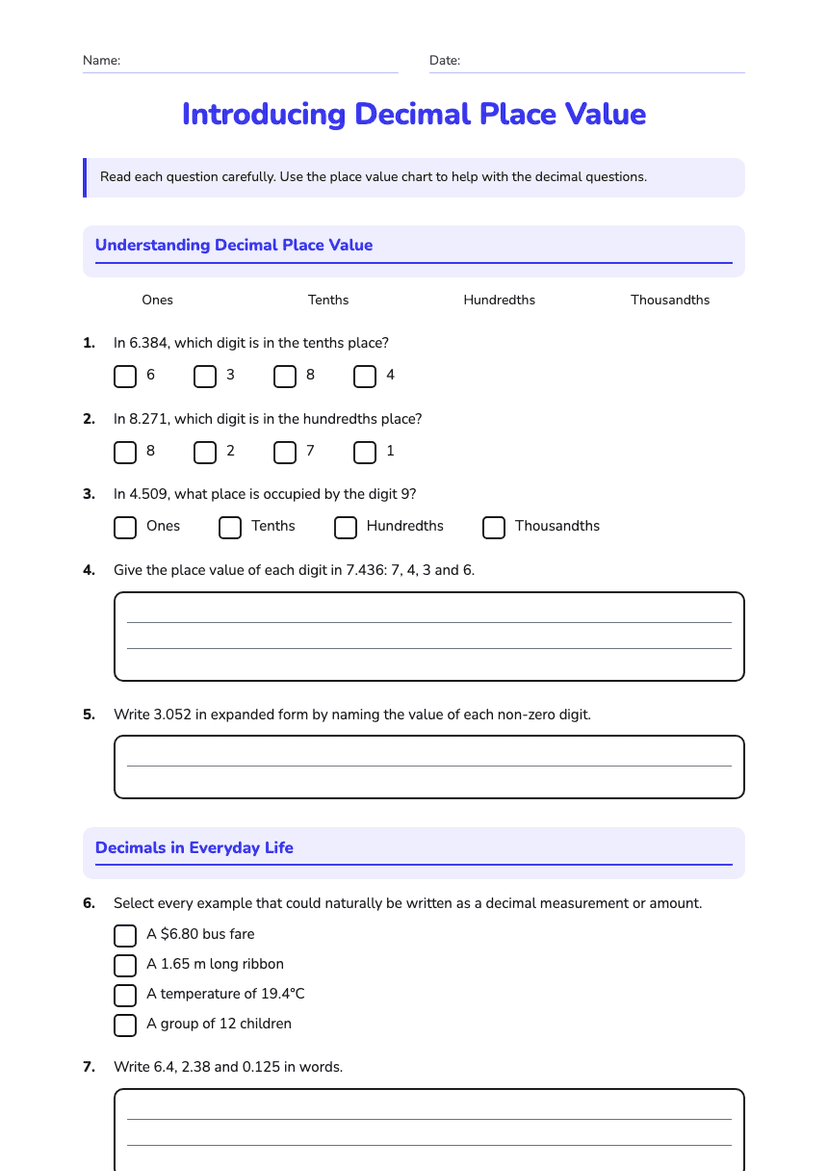 Introducing Decimal Place Value