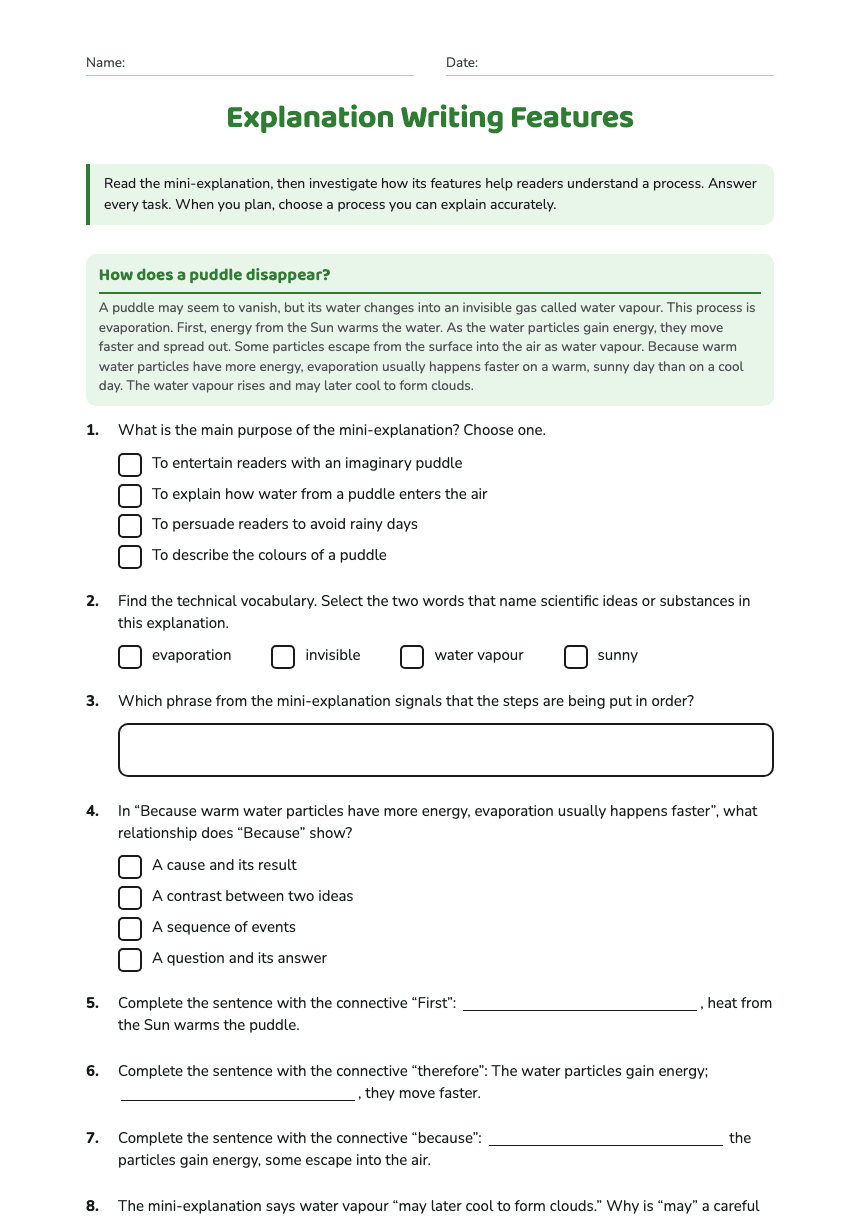 Explanation Writing Features worksheet preview