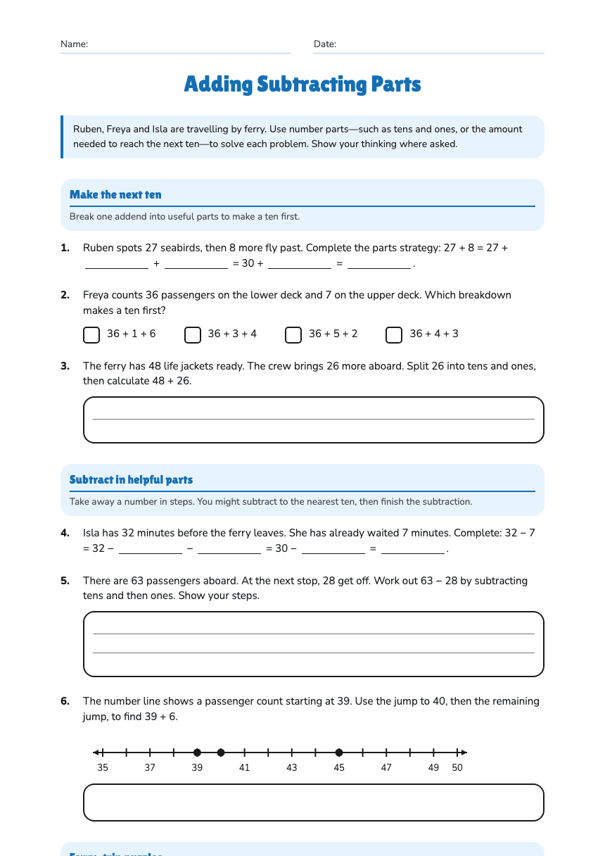 Adding Subtracting Parts worksheet preview
