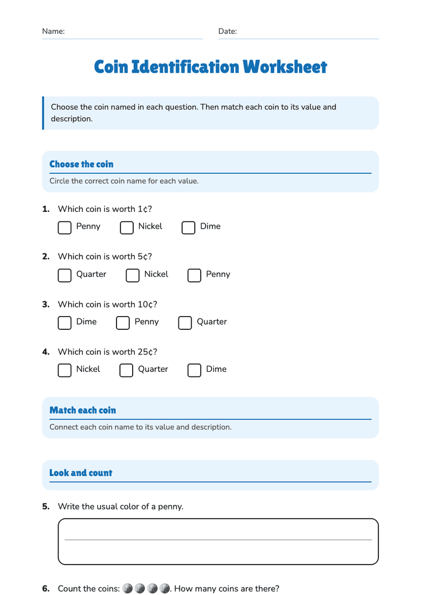 Coin Identification Worksheet