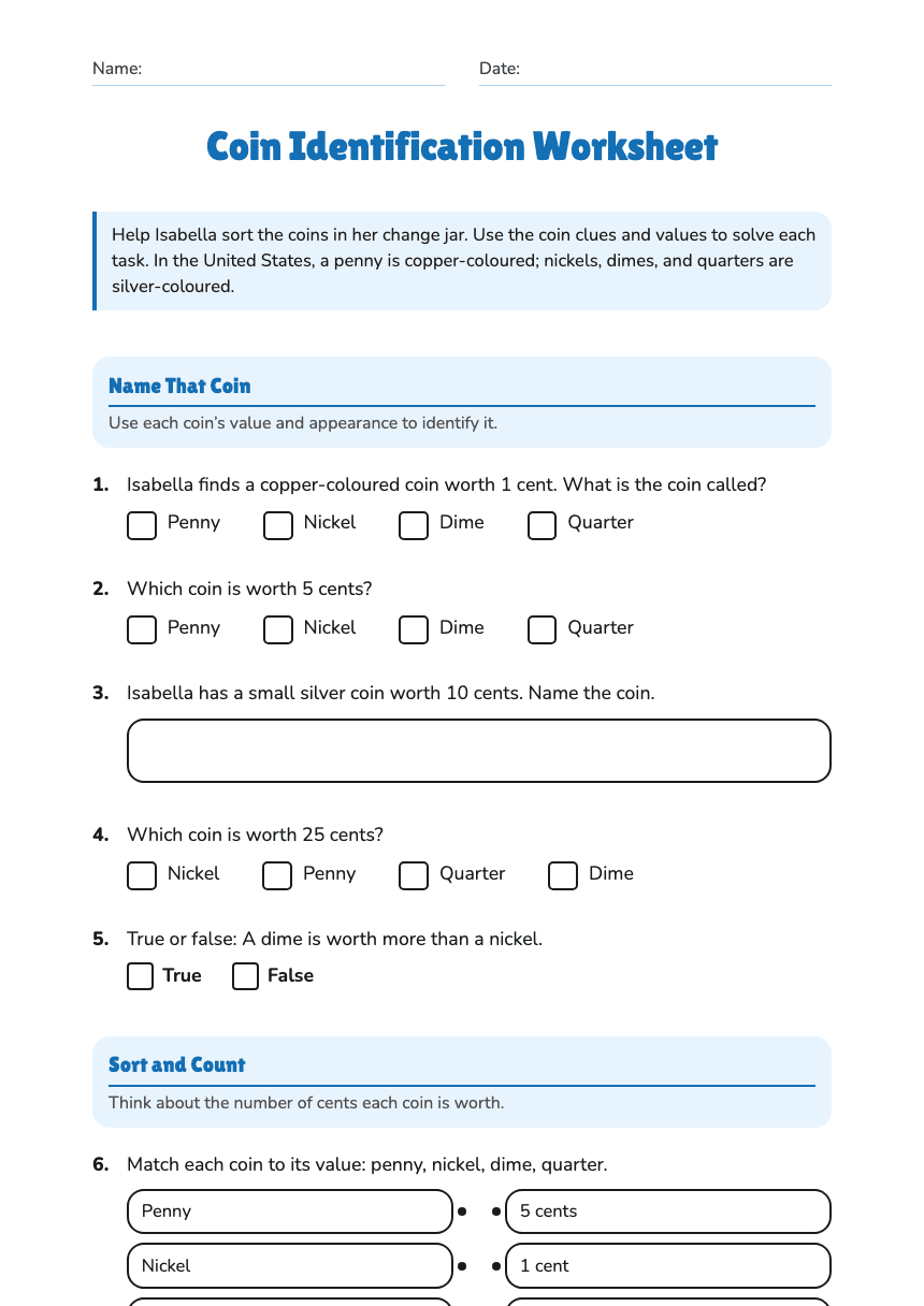 Coin Identification Worksheet worksheet preview