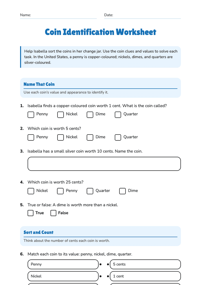Coin Identification Worksheet