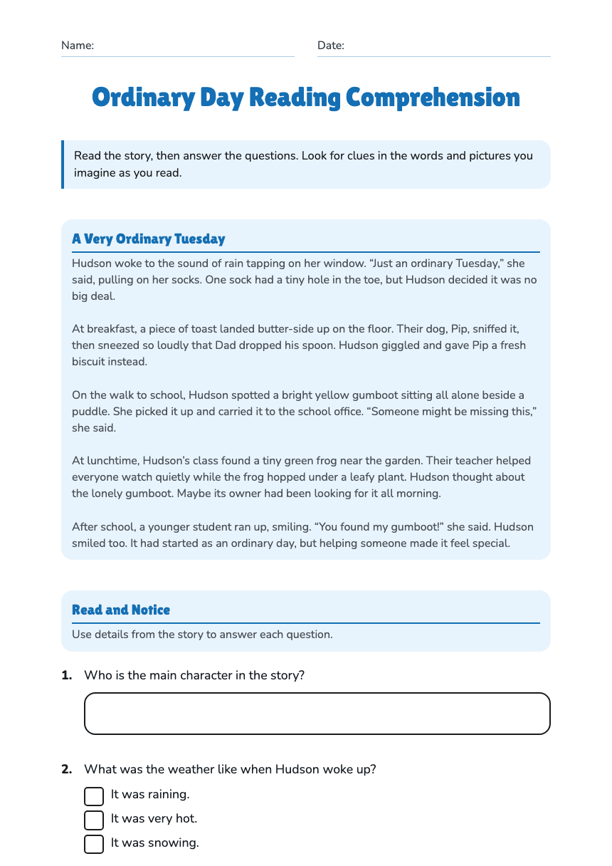 Ordinary Day Reading Comprehension worksheet preview