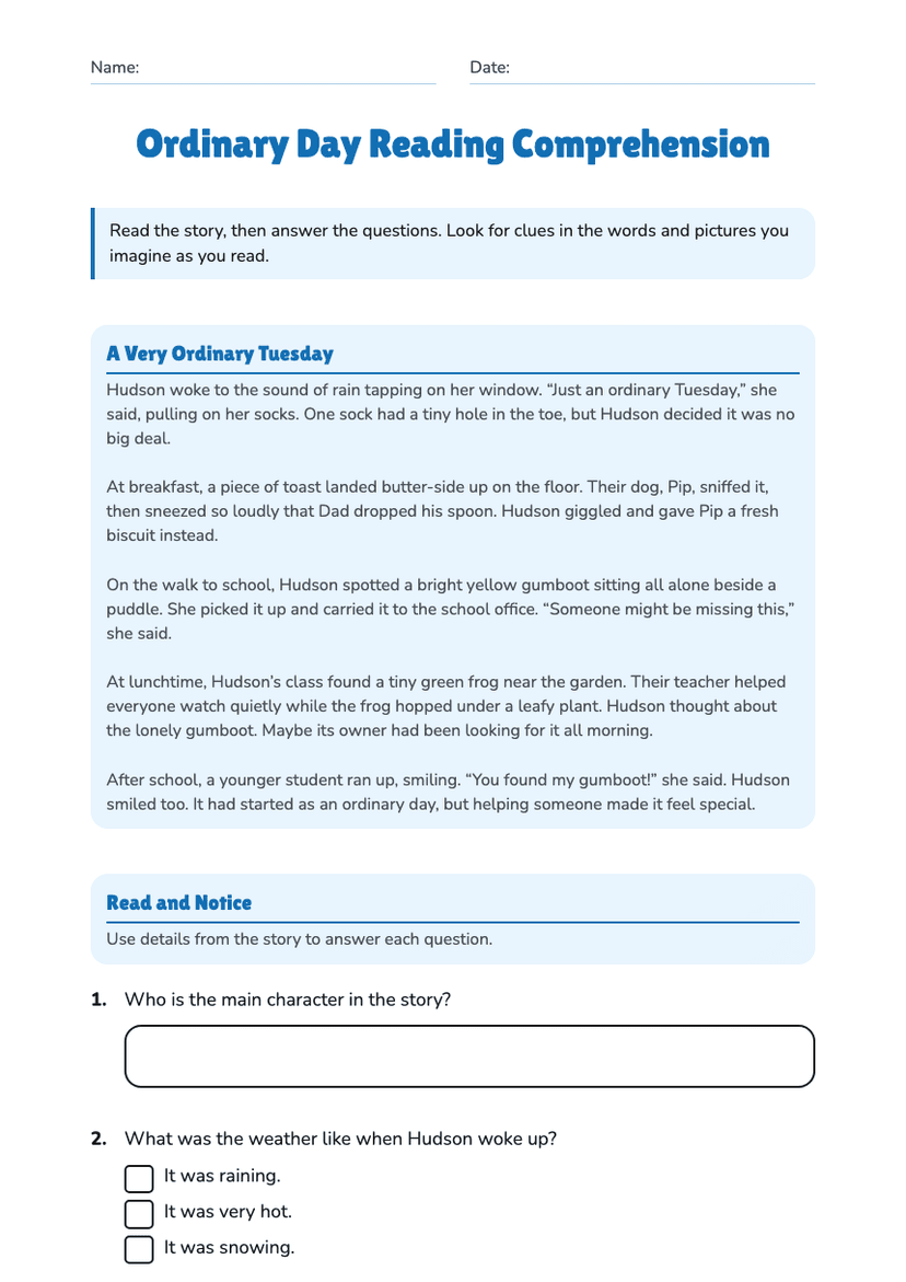 Ordinary Day Reading Comprehension